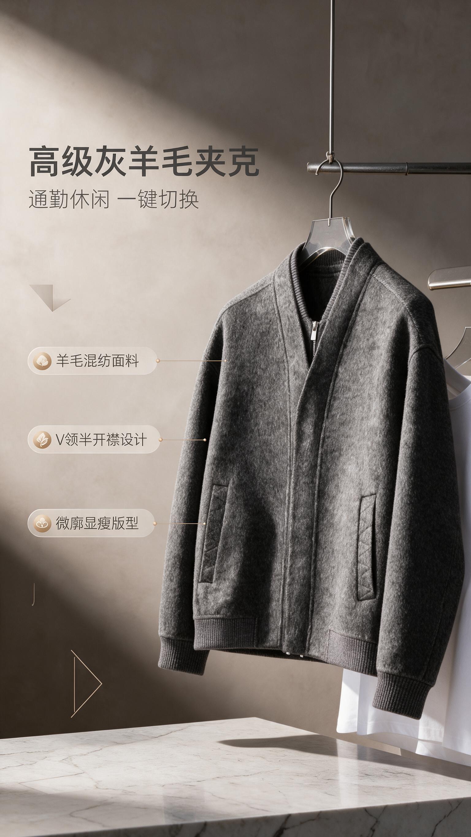 [商品] 使用【图1】深灰色羊毛混纺V领拉链夹克；商品处理：保… - 图片创意预览