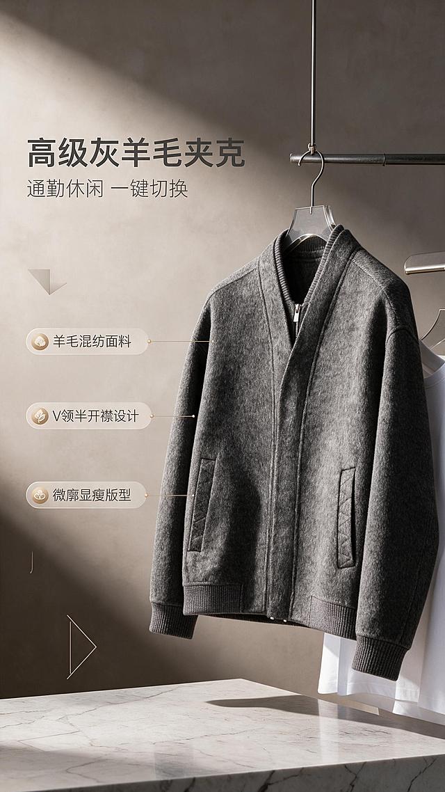 [商品] 使用【图1】深灰色羊毛混纺V领拉链夹克；商品处理：保留V领半开襟、银色拉链、罗纹领口袖口下摆、两侧插袋、短款廓形、深灰色羊毛混纺面料纹理、缝线结构；自然去除衣身杂乱褶皱，理顺垂坠，增强羊毛面料绒感纹理、缝线、拉链五金质感，不改变版型和颜色。
[画面] 目标：风格头图海报，建立高级轻奢通勤调性。构图：左文右图竖版9:16，产品占画面60%，置于画面右侧中景，微侧角度展示全貌；前景为浅灰色大理石台面，中景为夹克主体，背景为暖灰色渐变墙面+柔和光影，左侧留白放置文案；加入简约金属衣架、白色T恤局部作为搭配道具，营造高级陈列感。
[视觉] 套系策略：风格=高级轻奢商业摄影风；标题字=现代无衬线粗体；正文字=简洁无衬线体；主色=深炭灰；背景延展=基于暖灰做深浅层级渐变、细腻水泥/纸张质感；强调色=香槟金，仅用于小面积图标、引线和标签装饰；标题色=深炭灰；正文色=中暖灰；组件=细线引线、圆角浅底信息卡、极简几何装饰；光影=左前侧暖柔光，右侧柔和轮廓光。
[文字] 左上区域主标题"高级灰羊毛夹克"，副标题"通勤休闲 一键切换"，下方3个短卖点：羊毛混纺面料、V领半开襟设计、微廓显瘦版型；文字横向排版，层级清晰，不遮挡夹克主体、领口拉链和口袋。
[规格] 图片比例9:16竖版，分辨率2K，避免变形、错字、文字过小、冷蓝背景、衣服颜色改变、版型失真、白底孤立。