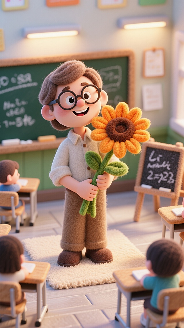 3D卡通风格，拟人化角色手持毛茸茸的向日葵，教室场景温馨可爱，充满童趣。