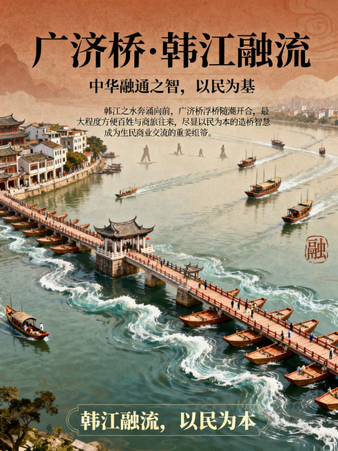 中国风古风海报，主体是广济桥以十八梭船廿四洲形态完整横跨韩江，启闭式浮桥结构清晰，流水波浪起伏稍明显形成自然转折，浮桥随江潮开合，背景左侧是潮州古城传统建筑，岸边错落分布骑楼，江面舟楫往来，桥转角隐刻预览效果