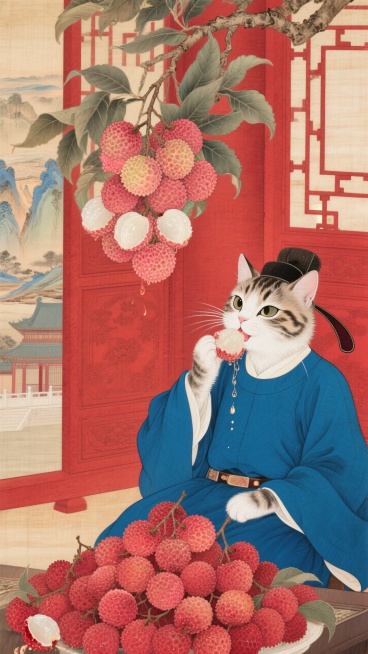 狸花猫穿着唐朝长安城小吏服（蓝色官服）在房间吃着泡面，桌上满满的荔枝预览效果