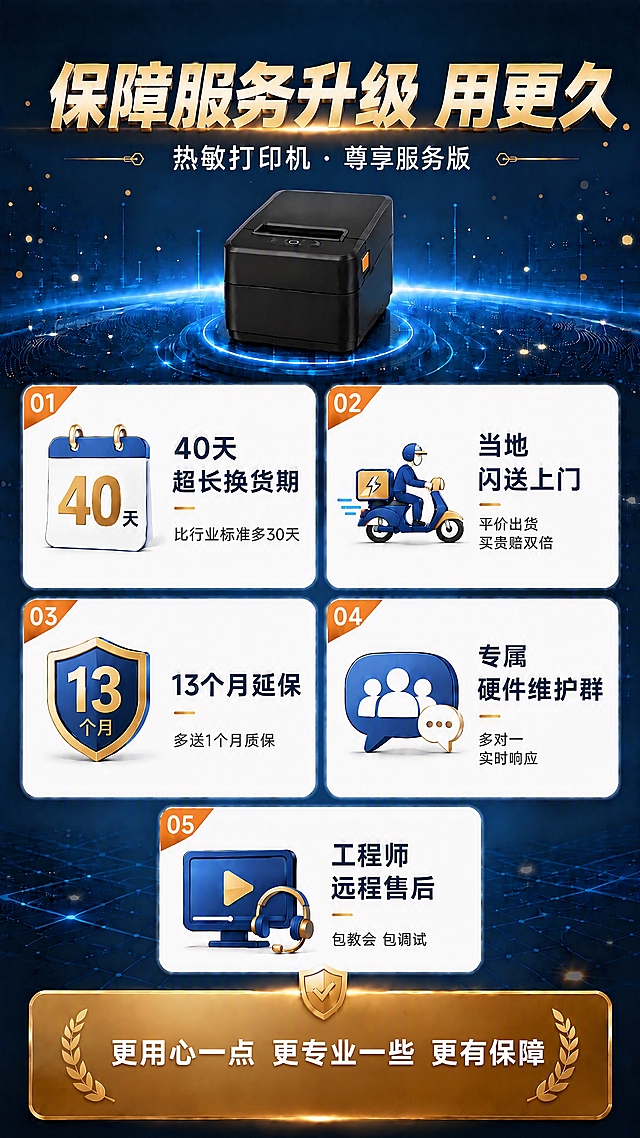 保持原图整体布局、配色、打印机、5个服务卡片、图标、顶部标题、副标题完全不变。只修改底部金色横幅内的文字：将「更用心一点 更专业一些 更有保障」从三行改为一行横向排列，文字为「更用心一点 更专业一些 更有保障」，白色粗体，字号适当缩小以适应单行显示，居中排列，两侧麦穗装饰、顶部盾牌图标、金色横幅背景均保持不变。其余所有元素完全不变。