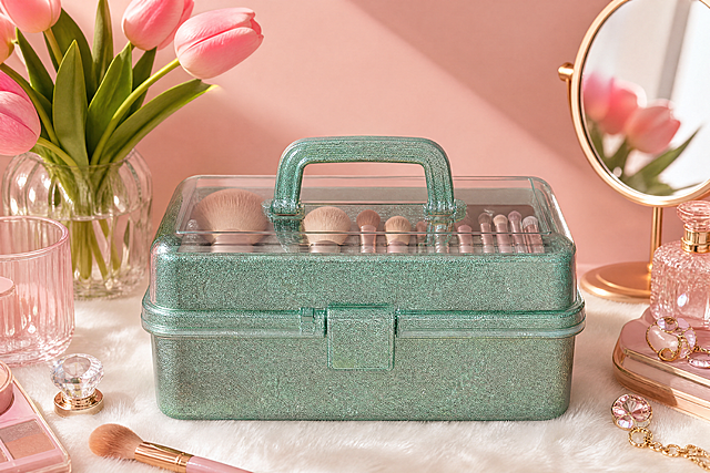 [第7屏] Makeup Storage Scene Display. This page uses [image8] as a scene reference, show the effect of storing makeup brushes. [Atmosphere/Style] Pink warm style, girlish feeling, soft light, highlight the beauty storage function. [Element layout] The closed sage green glitter storage box is placed on the white furry desktop, with pink tulip flowers and a small mirror decoration on the side, the product is in the center of the picture, the transparent cover can see the stored makeup brushes inside, keep the product glitter texture and sage green color unchanged, the overall picture is warm and beautiful, highlight the cosmetic storage effect. [Light and shadow texture] Soft natural light, gentle shadow, clear product texture, warm atmosphere. [Color matching] Pink wall background, white furry desktop, sage green product, soft color matching, beautiful. [Perspective composition] 3:2 vertical composition, product centered, natural perspective. [Proportion resolution] 3:2, 4K resolution, high definition. [Negative prompt] Product deformation, wrong color, glitter missing, Chinese characters, watermark, picture blur.