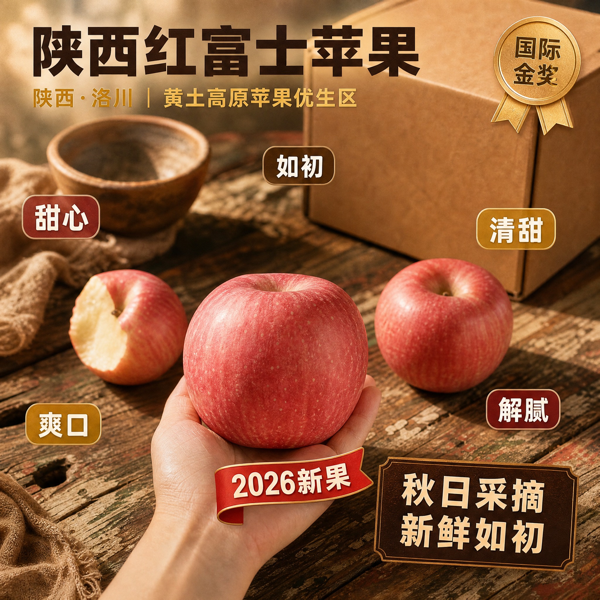 小红书风格陕西红富士苹果电商主图，怀旧老木风，1:1正方形构图… - 图片创意预览