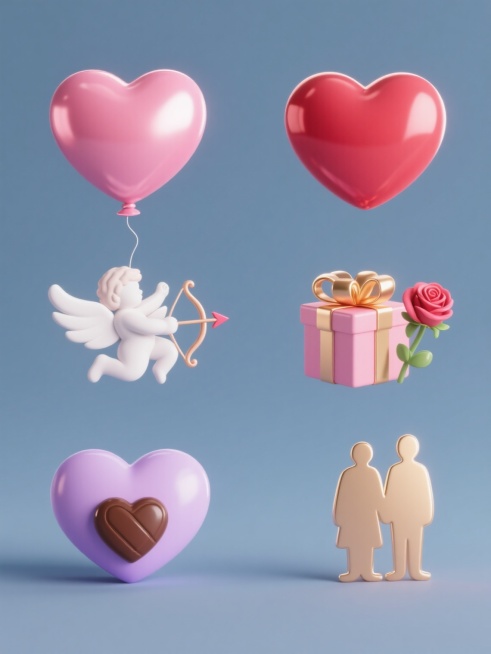 六个不同样式、不同配色、不同风格的情人节主题元素，采用3D渲染风格，具有光滑细腻的材质和清晰的高光反光效果，元素包括心形气球、爱心礼盒、丘比特之箭、玫瑰花朵、爱心巧克力、情侣剪影等，每个元素拥有独特的情人节主题配色，如粉红、大红、玫瑰金、白色、浅紫、香槟金等，背景为纯色，元素排列整齐有序，形成和谐的视觉布局，整体画面简洁明快，充满浪漫温馨的情人节氛围，光影效果柔和自然，具有强烈的立体感和真实质感。预览效果