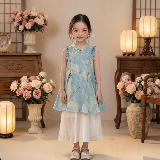 将图1中的小女孩放到图2的背景中，小女孩正面站立，双手自然垂在身前，保留小女孩浅蓝色提花旗袍开叉裙和白色半裙，保留裙子的纹理细节和质感，整体风格自然协调，光影匹配图2背景，画质高清预览效果