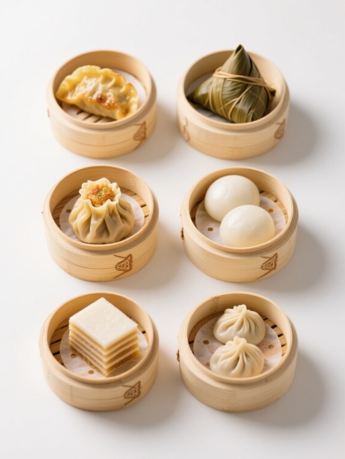 六个相同风格的中式传统美食在竹制容器中的特写集合，白色背景，明亮柔和的光线从顶部照射，每个食物都有清晰的纹理和细节，色彩鲜艳且变换多样，分别是：1. 金黄酥脆的煎饺，2. 热气腾腾的烧麦，3. 软糯香甜的粽子，4. 圆润饱满的汤圆，5. 层次分明的千层糕，6. 小巧玲珑的小笼包，整齐排列成两行三列，保持一致的构图和摄影风格，无文字和二维码。预览效果