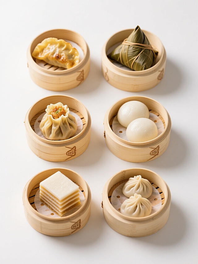 六个相同风格的中式传统美食在竹制容器中的特写集合，白色背景，明亮柔和的光线从顶部照射，每个食物都有清晰的纹理和细节，色彩鲜艳且变换多样，分别是：1. 金黄酥脆的煎饺，2. 热气腾腾的烧麦，3. 软糯香甜的粽子，4. 圆润饱满的汤圆，5. 层次分明的千层糕，6. 小巧玲珑的小笼包，整齐排列成两行三列，保持一致的构图和摄影风格，无文字和二维码。