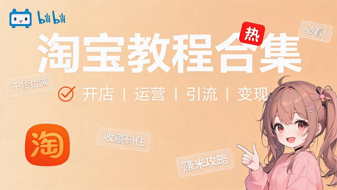 在原有淘宝教程合集封面基础上，加入B站风格元素，添加可爱卡通人物和热门弹幕热点贴图，风格活泼年轻化，保留原文字"淘宝教程合集"和"开店 | 运营 | 引流 | 变现"以及淘宝logo预览效果