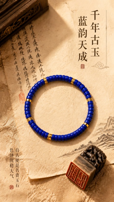 [第6屏修改] 重新生成文化价值页，保证青金石手串为完整正圆形，产品外观颜色结构和原图一致。本屏使用原始商品图修改。
[氛围/风格] 复古文化氛围，典雅高级质感，文化氛围感拉满。
[元素布局] 正圆形预览效果