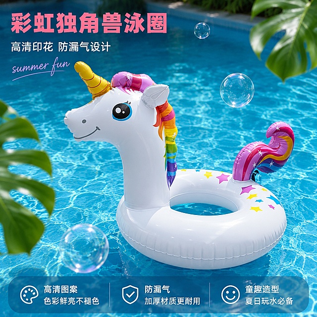 [主图-1] 彩虹独角兽泳圈夏日泳池场景首图。
[氛围风格] 夏日清新氛围感，清爽通透，符合抖音平台强视觉冲击风格。
[画质] 商业摄影质感、光线柔和通透、产品清晰真实、画面干净高级。
[元素] 彩虹独角兽泳圈居中放置，背景是清澈的蓝色泳池水，带有阳光波光粼粼效果，周围点缀少量透明气泡和热带绿植叶片，营造夏日戏水清凉氛围。保持彩虹独角兽泳圈外观（即物理结构、材质质感、颜色）与输入产品图绝对一致，杜绝任何变形和色差，精细化处理。商品主体占比严格控制在70%左右；画面满屏无边框。
[光影] 正午自然光从顶部照射，清澈水面反射柔和光线，整体光线明亮通透，高光自然不溢出，暗部有层次感，凸显泳圈立体轮廓和充气饱满质感。
[配色] 主色调清透蓝色，搭配泳圈本身白、粉、黄、紫多彩渐变，色彩清新明快对比强烈。
[视角构图] 平视四分之三视角，泳圈为绝对视觉中心，前景水面、背景泳池，景深适中，轮廓完整不裁切。
[文字版式] 左上负空间左对齐留安全边距，大字主文案“彩虹独角兽泳圈”粉色粗体无衬线，最醒目；辅助文案“高清印花 防漏气设计”白色小字，约主文案一半大小；主文案旁添加浅紫色英文手写体“summer fun”做装饰。底部三列均分，每列一个卖点：第一列「高清图案」「色彩鲜亮不褪色」第二列「防漏气」「加厚材质更耐用」第三列「童趣造型」「夏日玩水必备」，白字深底半透明蒙层，对比清晰易读。
[输出要求] 1:1比例，文字清晰锐利，超高清商业摄影质感。
[负向提示词] 变形，文字错乱，产品图模糊，背景杂乱，水印，电商平台Logo，绝对化违禁词。