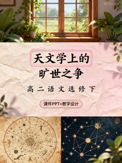 上区1/8是田园风高中语文课堂，有绿植、木窗；中区3/8是独立淡粉色背景，第一行色框填充隶书手写字体的"天文学上的旷世之争"，第二行每个文字居中排布的"高二语文选修下"，第三行圆角矩形框的"课件PPT预览效果