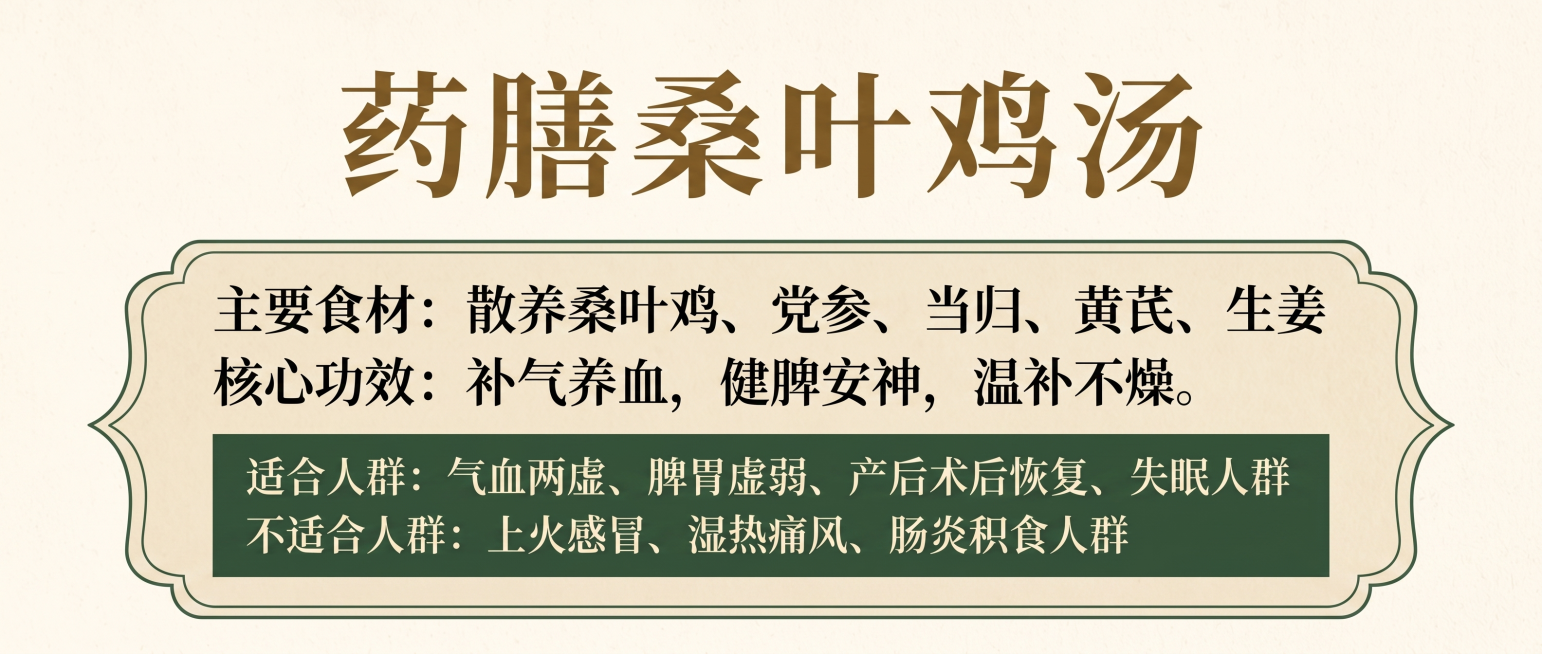 调整这张药膳桑叶鸡汤说明图的配色，让整体配色更和谐，提高文字打印清晰度，保持原有文字内容和排版不变，修改为三分之一横版A4纸尺寸大小预览效果
