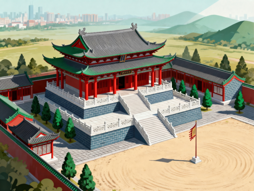 修正图片中的砖块错误，将错误的绿色墙体砖块修改为符合明代实物的深青灰色（黛青色）青砖，去除所有斜射阳光与拉长阴影，整体调整为均匀柔和的漫射光照，保持其他原有设计不变：明代演武堂明中期官式建筑群，正堂前预览效果