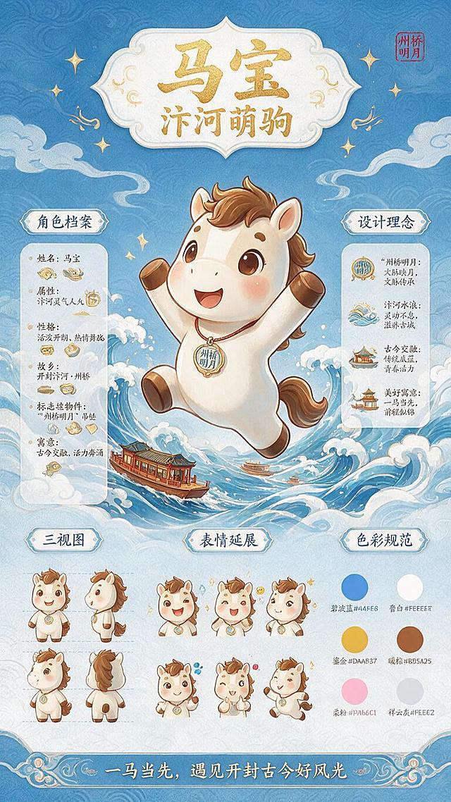 国潮文创盲盒展板设计，整体版式干净高级，分为主标题，角色档案，设计理念，三视图，表情延展，色彩规范模块。主题是Q版卡通ip形象马宝，主色调碧波蓝+霜白。角色形象为可爱马宝，双蹄高高扬起，动感十足，脖子上挂一枚"州桥明月"吊坠，背景为汴河的水浪和游船，象征开封古今交融的青春活力与不竭的文旅吸引力，整体暖色调为主。风格治愈软萌，线条圆润，细节精致，配色柔和明亮，适合潮玩手办展示，排版工整，浓厚国潮文化氛围，平面展板设计