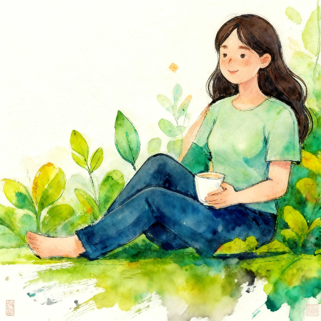 保留参考图中的长发女孩坐在绿植丛中，女孩穿着浅绿色上衣深蓝色长裤，手里捧着白色杯子，只保留女孩和植物背景，去除所有文字、按钮、UI界面元素，保持水彩插画风格预览效果