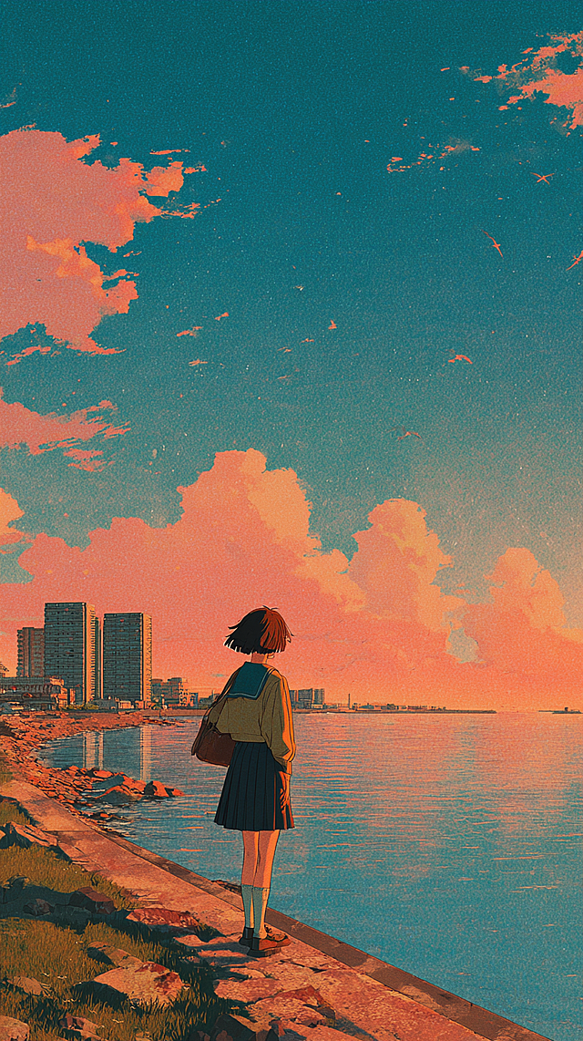 Japanese 90s anime illustration style, retro sunset seaside city, Showa era short-haired girl looking into the distance, nostalgic retro color matching, anime aesthetic