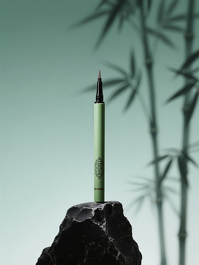 简约东方美学风格，主体是绿中式风外壳的眼线笔，置于黑色岩石台座，背景虚化融入水墨竹影，浅绿色渐变背景