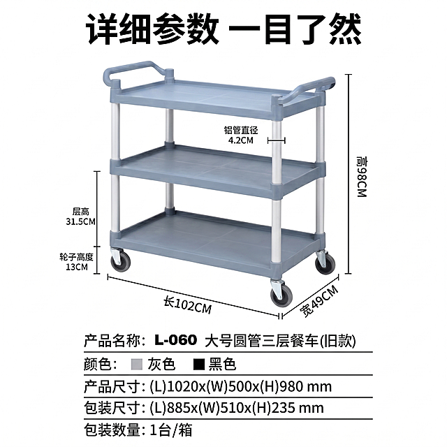 [主图-6] 完整参数规格展示。展示产品完整尺寸参数，白底背景，餐车居中摆放，所有尺寸参数用清晰图形标注。氛围风格：清晰专业参数展示。画质：商业摄影质感，文字清晰锐利，产品真实清晰。保持餐车结构颜色和原图一致，参数准确和原图一致。光影：均匀棚拍光线，无明显硬阴影，所有标注文字清晰可读。文字版式：产品各部位引线标注尺寸：总长102CM 总宽49CM 总高98CM，层高31.5CM，图片下方用表格排版整体参数，包含产品名称、颜色可选、产品尺寸、包装尺寸，工整清晰。大标题在顶部「详细参数 一目了然」，黑色加粗。比例分辨率：1:1比例，2k分辨率，文字清晰锐利，超高清。负向提示词：变形，水印，文字错乱，产品图模糊，背景杂乱。
