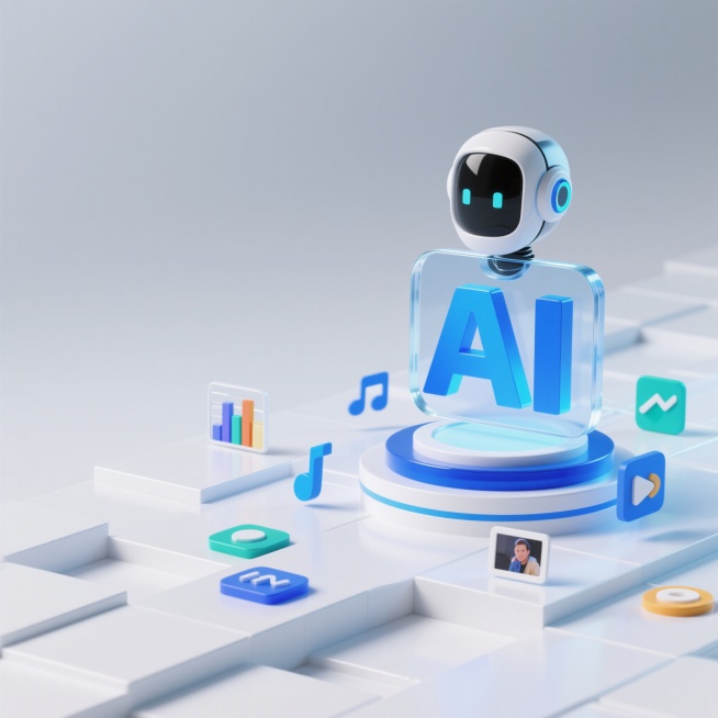 3D渲染，未来科技感，通透玻璃质感，蓝白色调，画面右边是一个3d人工智能，面前有个字体“AI”图标，下方是圆形底座，周围有数据图形、音乐、照片、视频图标，地面由白色几何板块组成，高低不平，色彩鲜艳，白预览效果