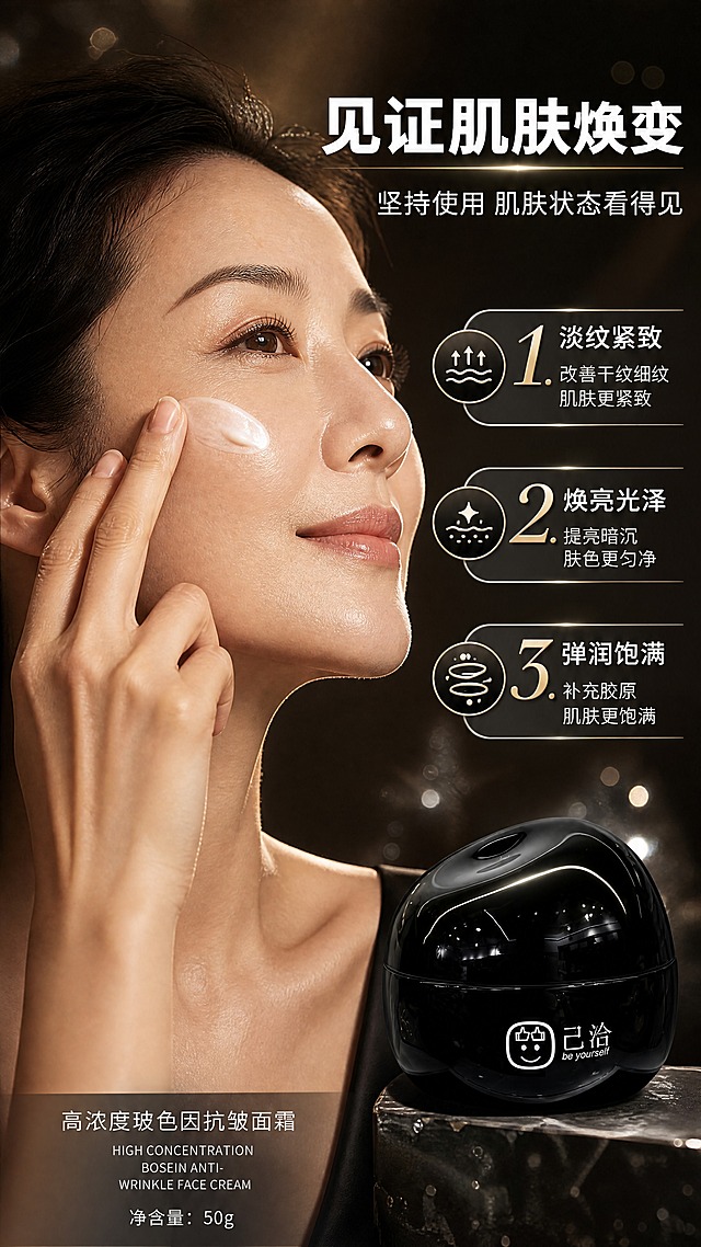 [商品] 使用【图1】己洽高浓度玻色因抗皱面霜黑色瓶身+包装盒；保留黑色圆润瓶身、白色笑脸Logo、品牌名、产品名称文字；产品外观、颜色、材质、Logo全部保真。
[画面] 目标：真人效果页，亚洲女性局部使用展示，体现紧致焕亮状态。构图：画面主体为亚洲成熟女性（30-40岁）侧脸与颈部特写，肌肤紧致有光泽，手指正在脸颊涂抹面霜，表情放松自然；右下角放置产品瓶身小图，与人物自然融合；背景为暖调深棕到黑的高级渐变，有柔光束与光斑；阅读动线从左到右：人物使用状态→产品图→右侧编号效果卖点。
[视觉] 套系策略：风格=高端黑银科技感商业摄影，拼多多高信息密度详情页；标题字=粗黑体加粗醒目；正文字=简洁无衬线中黑体；主色=深邃黑+银灰；背景延展=基于黑银做深浅渐变、水光粒子、细腻金属质感层次；强调色=香槟金，仅用于小面积图标、引线、标签和高光点缀；标题色=纯白；正文色=浅银灰；组件=圆角银边信息卡、细线引线、圆形icon胶囊；光影=人物面部左前侧柔光+后侧轮廓光，肌肤呈现健康光泽。
[文字] 右上角主标题"见证肌肤焕变"，副标题"坚持使用 肌肤状态看得见"；右侧3条编号效果：1.「淡纹紧致」改善干纹细纹 肌肤更紧致；2.「焕亮光泽」提亮暗沉 肤色更匀净；3.「弹润饱满」补充胶原 肌肤更饱满；文字全部横向排版，字号大，移动端清晰可读，不遮挡人物面部。
[规格] 图片比例9:16竖版，4K，负向提示：避免变形、错字、文字过小、医疗前后对比、夸大效果、绝对化用语、医疗功效承诺、拼多多平台Logo、欧美面孔。