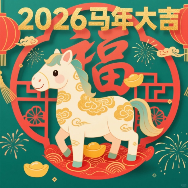 2026马年春节主题插画，画面中央是一只可爱的卡通骏马，马身覆盖着金色祥云图案，马蹄踩着红色元宝，周围环绕着绽放的烟花和金色流苏，背景是传统红色剪纸风格的“福”字和祥云纹样，上方有“2026马年大吉”预览效果