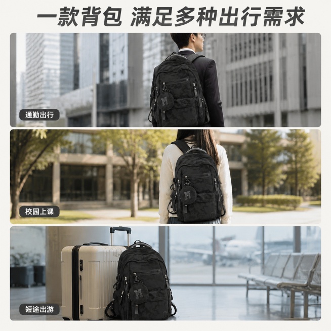 「图片1」，生成电商主图（7张），商品名称：晕染迷彩大容量双肩背包
2、核心卖点：
附赠配套零钱包，随身小物好收纳
多拉链分层结构，物品分类不杂乱
宽幅加厚肩带，背负久背不压肩
3、适用人群：在校学生预览效果