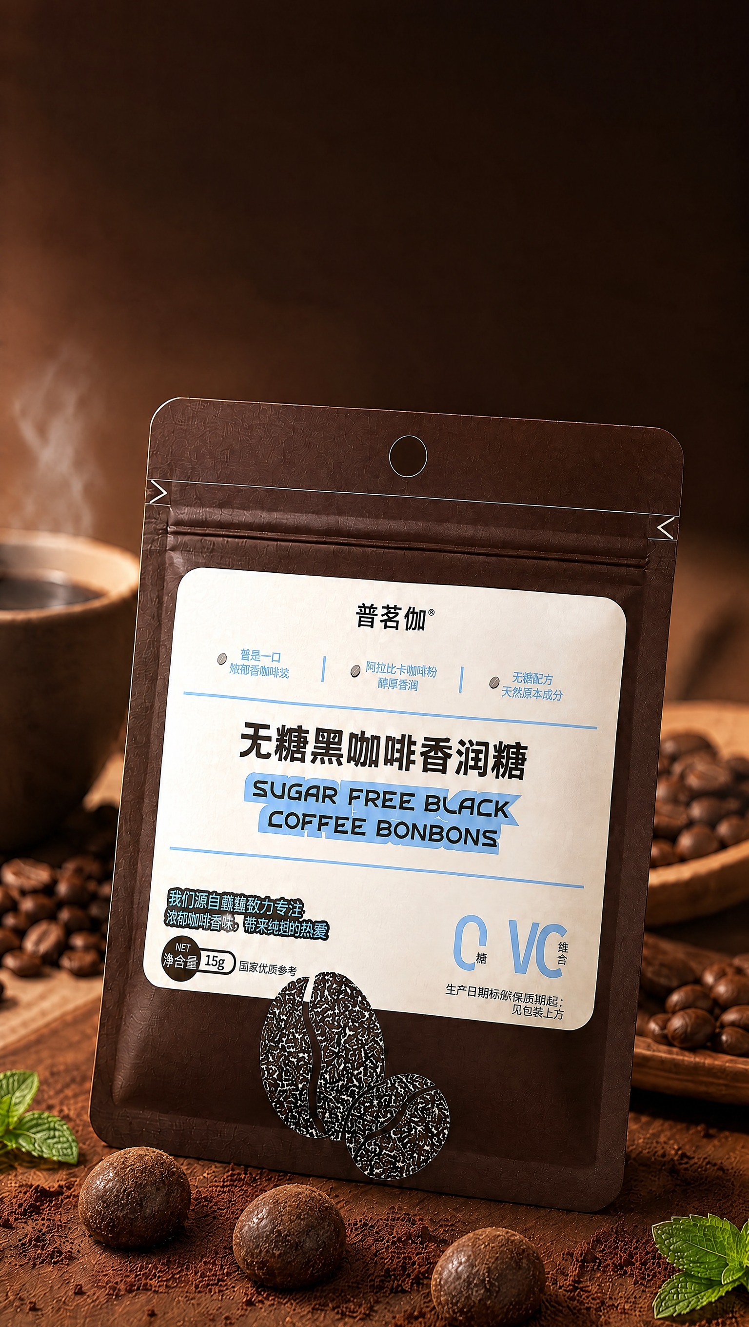 将产品包装袋前面桌面上的3颗咖啡豆形状咖啡糖，全部替换为参考图… - 图片创意预览