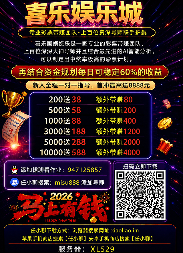 精确复刻参考图1的版式、配色、装饰元素和整体风格，仅做以下3处修改，其余所有内容保持与原图完全一致：
1. 右下角二维码区域：将原二维码替换为图2中的二维码图案，保持二维码的位置、大小和外框样式不变；
2. 左侧联系方式第一行：将原有的「添加导师联系」及号码，修改为「添加裙聊看作业：947125857」，保持企鹅图标和该行位置不变；
3. 左侧联系方式第二行：将原有的「任小聊搜索：qingzi8899 添加老师」，修改为「任小聊搜索：misu888 添加导师」，保持人物图标和该行位置不变。

其余所有文字、数字、装饰元素（奖杯、彩票、金币、礼炮、2026马上有钱、烟花等）、背景光效、边框样式、颜色搭配、排版布局全部与参考图1完全一致，不得有任何改动。

画面中所有数字必须精确渲染，不得错位、遗漏或编造。画面中所有信息区域、价格表格、福利条目必须填充完整，不得出现空白。