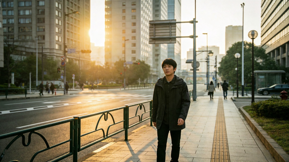 清晨城市街道场景，太阳刚刚升起，阳光从高楼之间洒在街道上，一个二十多岁的亚洲男生独自走在城市人行道上，穿着简单深色外套，神情平静轻松了一点，清晨空气安静温暖，街道开始有少量行人和城市生活气息，阳光形成预览效果