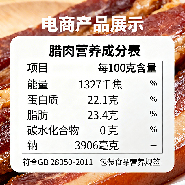 生成规范白底腊肉营养成分表，符合GB 28050-2011预包装食品营养标签规范，标注每100克含量：能量1327千焦、蛋白质22.1克、脂肪23.4克、碳水化合物0克、钠3906毫克，字体清晰整洁，适合电商产品展示使用