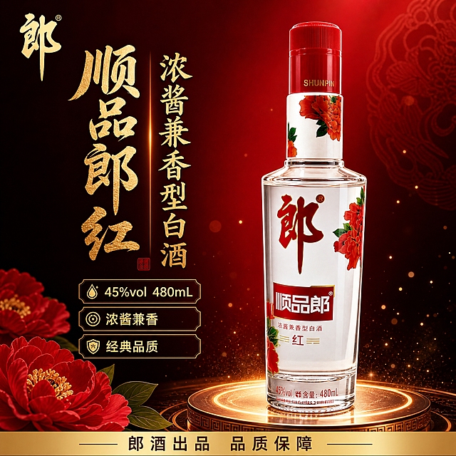 [单张主图] 顺品郎红瓶浓酱兼香型白酒 爆款促销感主图 突出45度480ml郎酒品质，吸引白酒消费者。
[画面主体] 顺品郎白酒瓶为绝对主体，正面完整展示，瓶身透明玻璃质感、红色瓶盖、红色「郎」字书法、「顺品郎」红底白字标签、牡丹花纹饰均与输入图完全一致，产品占画面约50%，居中偏右放置，瓶身略微倾斜增加动感。
[构图版式] 采用左文右品标签参数型版式。左侧放置品牌和主标题信息，右侧为酒瓶主体，底部放置规格信息条。
[场景元素] 背景为深红色渐变到黑色的高端质感背景，带有细微的暗纹和光斑。酒瓶底部有圆形发光台座，周围飘散少量金色粒子。左下角点缀一朵红色牡丹花和绿叶。底部有一条金色渐变信息条。
[文案版式] 左上角放置「郎」字品牌Logo。左上方主标题两行竖排效果：「顺品郎 红」「浓酱兼香型白酒」，主标题为金色书法字体，大气厚重。主标题下方排列3个金色边框卖点标签：「45%vol 480mL」「浓酱兼香」「经典品质」。底部信息条写「郎酒出品 品质保障」。
[光影质感] 高端影棚布光，瓶身玻璃有清晰高光反射，酒液通透，底部投影自然，整体尊贵大气。
[配色字体] 主色深红色，辅助色金色和黑色，强调色正红。主标题书法体，辅助文案黑体。
[比例分辨率] 1:1比例，2K分辨率，文字清晰可辨。
[负向提示词] 瓶身变形、标签错字、酒液浑浊、背景杂乱、水印、平台Logo、人物、悬浮