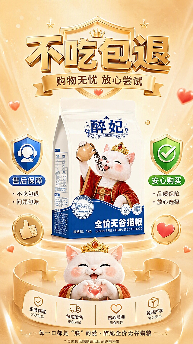 [第12张] 醉妃猫粮售后服务承诺页，服务承诺型收尾页。本张使用【图1】作为商品主体。
[氛围/风格] 安心可信温暖风，品牌服务感，萌系亲切，收尾有温度。
[元素布局] 猫粮袋置于画面中央，占比约40%，正面展示；产品周围有盾牌、爱心、点赞手势等信任图标环绕；背景为暖金色渐变，有光晕效果，营造安心可靠的氛围；底部有可爱的猫咪笑脸和比心动作；画面整体温馨有保障感。
[光影质感] 中心柔光向外扩散，暖金色调，产品清晰立体，整体温暖有质感。
[配色色系] 全局底色 #FFF5E6 暖金渐变；主色 #1A4D9E 克莱因蓝；辅助色 #D4A853 金色、#FF6B6B 爱心红、#52C41A 放心绿。
[视角构图] 中心对称构图，产品居中，服务信息环绕，阅读动线顶部标题 → 中部产品+承诺 → 底部品牌温度。
[文字版式] 顶部大标题：主标题「不吃包退」，副标题「购物无忧 放心尝试」，金色粗黑体，有质感；产品两侧两大承诺：左侧「售后保障」右侧「安心购买」，配图标；底部温馨文案：「每一口都是"朕"的爱 · 醉妃全价无谷猫粮」，呼应品牌slogan；右下角小字提示具体售后规则以店铺说明为准。
[比例分辨率] 9:16 竖版比例，4K分辨率，文字清晰可辨，高清画质。
[负向提示词] 包装变形，文字错乱，虚假承诺，绝对化用语，水印，功效类表达。