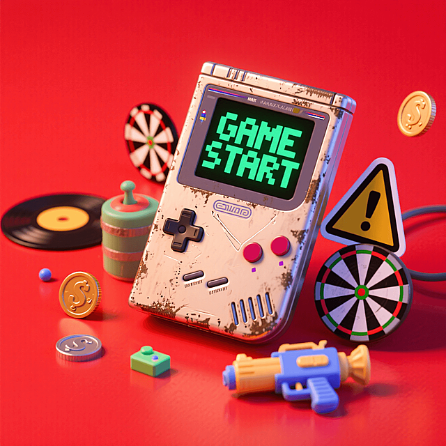 老式掌机（做旧金属质感，屏幕显示 “GAME START” ），周围散落复古游戏小物（硬币、飞镖，唱片、水枪），搭配潮流警示贴纸。突出复古怀旧氛围。通过物件大小、前后遮挡营造层次。背景用高饱和大红色