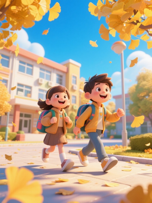 3D卡通风格的开学场景，背着书包的男孩女孩身着秋装，在洒满阳光的秋日校园中欢笑前行，金黄银杏叶随风飘落，背景有可爱的卡通教学楼和湛蓝天空，整体活泼明快，不含文字，洋溢着积极盎然的氛围预览效果