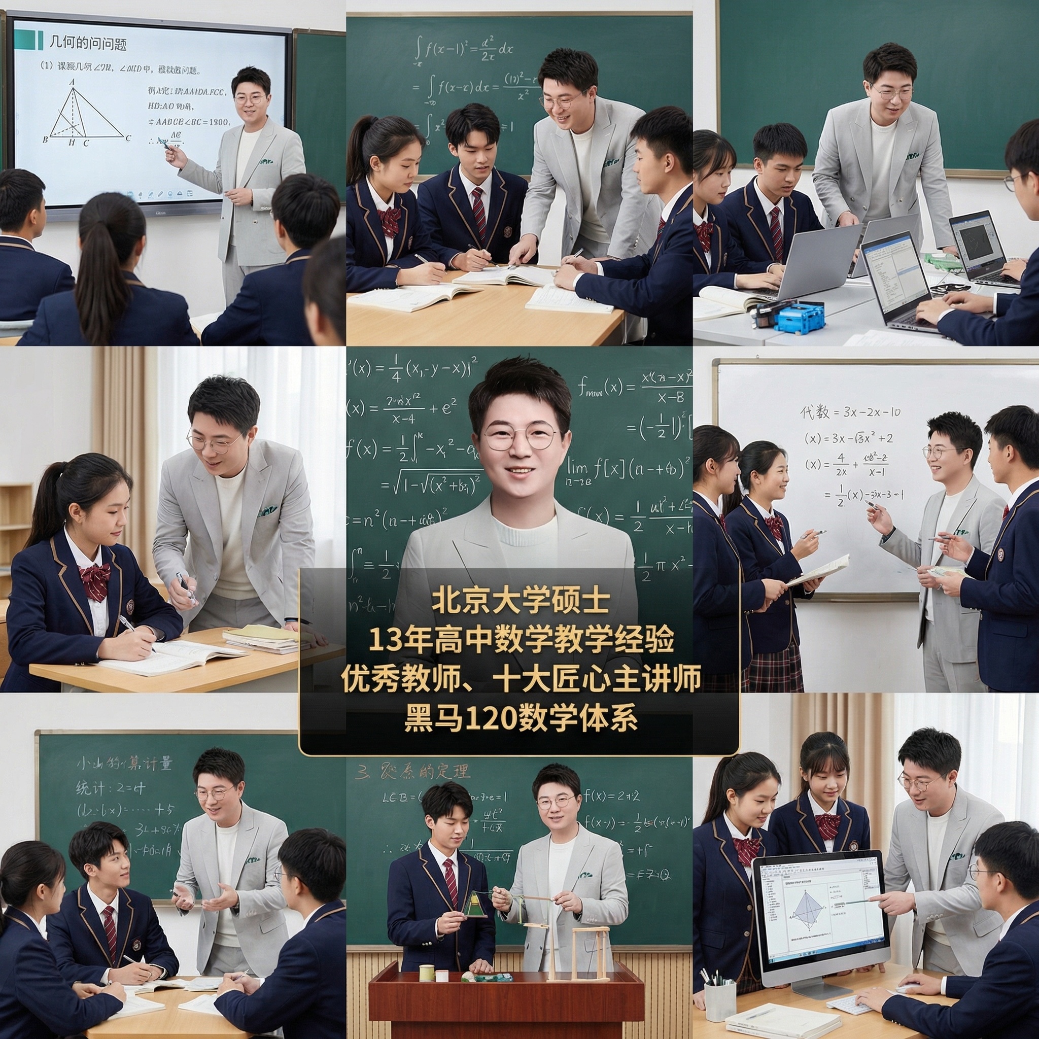 帮我生成关于高中数学的九宫格图片，要有老师和学生，老师的脸帮我… - 图片创意预览