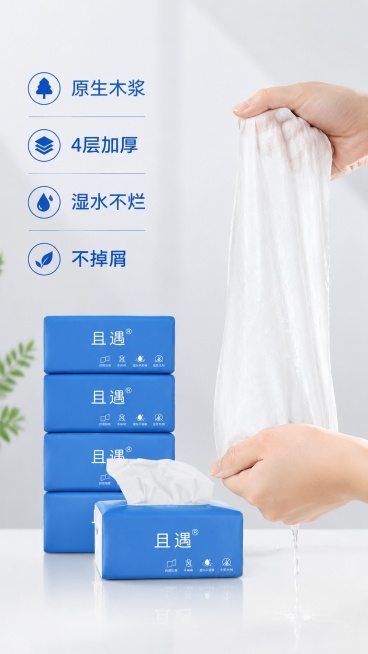 [主图-2] 4层加厚湿水不烂卖点证明；明亮干净桌面场景，商业摄影质感清晰通透；一张纸巾浸湿后拉扯展示纤维完整性，保持产品蓝色包装与原图一致；左侧产品堆叠展示，右侧做湿水拉力测试，直观展示湿水不易破特预览效果