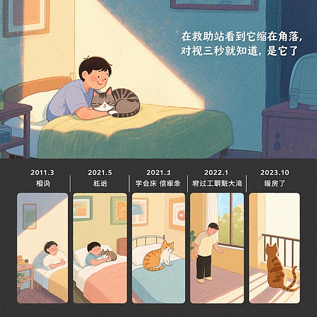 上下分栏布局，上栏为温暖的室内场景，柔和的光线洒在主人和一只蜷缩的猫身上，主人面带微笑，猫安静地依偎在旁，上方有文字“在救助站看到它缩在角落，对视三秒就知道，是它了”；下栏为时间轴设计，每个时间节点配有对应的温馨画面：2021.3 相遇（救助站初见的场景）→2021.5 学会共同睡一张床（主人和猫在床上依偎）→2022.1 它陪我度过失业低谷（主人失落时猫蹭手安慰）→2023.10 搬进带阳台的新家（猫在阳台晒太阳），整体风格温馨治愈，色彩柔和温暖，细节丰富