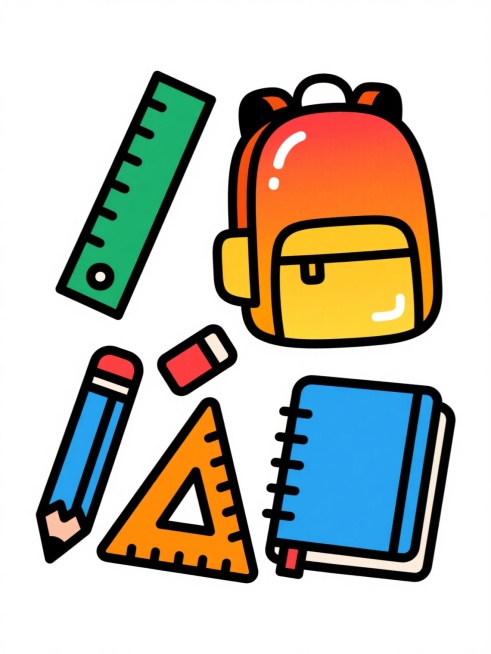 一套彩色卡通风格的学习用品插画，包含橙色黄色渐变书包、绿色直尺、蓝色铅笔、红色橡皮、橙色三角尺和蓝色翻开的笔记本，所有物品边缘有黑色描边，内部填充明亮饱和的色块，部分区域有白色高光点缀，整体呈现平面化、简约可爱的儿童插画风格，保持纯白色纯色背景，变换为更具立体感的半扁平化设计，物品添加轻微的体积感和光影过渡效果，保持原有色彩搭配和物品识别性，构图均衡分布于画面中预览效果