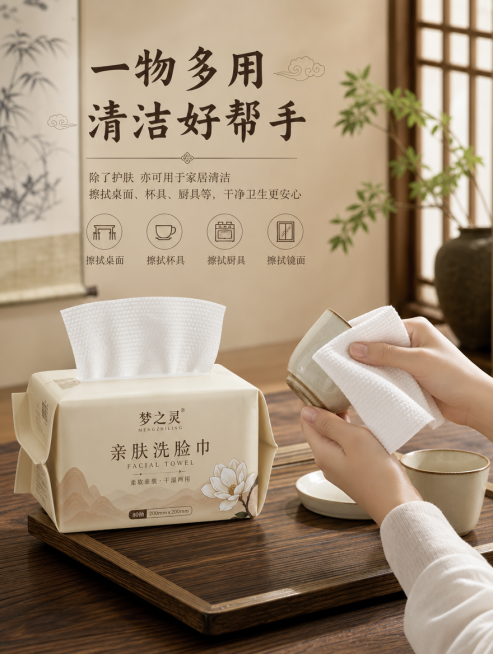 [第12屏] 多用途・家居清洁使用场景图。简约新中式居家环境，使用梦之灵洗脸巾擦拭桌面杯具，展示一物多用。产品占据视觉重点，色调统一舒适，展现除护肤外的家居清洁用途。配文"一物多用 清洁好帮手"国风字预览效果