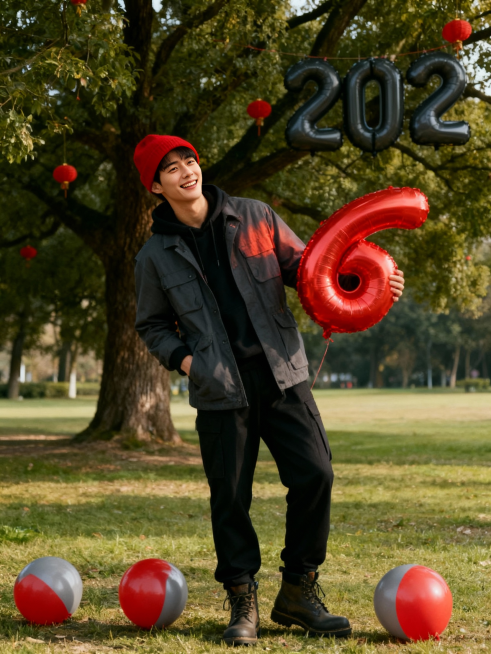 看镜头，强氛围感（暖光斜射人物，肩部与红色元素泛柔光），2026年份主题户外人像；画面主体为身着深灰色工装风外套的成年男性（内搭黑色连帽卫衣，搭配红色针织帽与马丁靴），左手持红色数字“6”气球，右手插预览效果