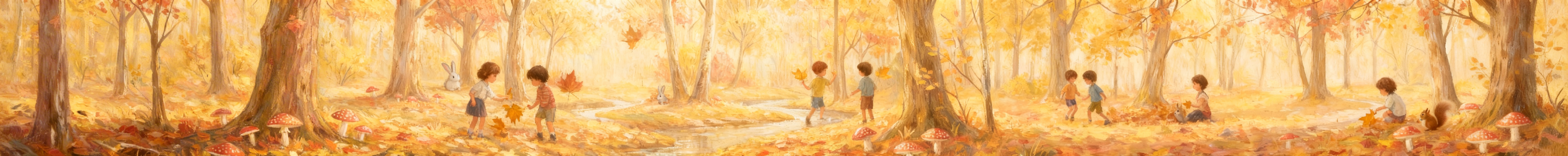 重新生成这幅10:1的秋日森林油画，保留莫兰迪低饱和高亮度色调，保留和梧桐叶互动的儿童人物，自然融入可爱小动物，整体风格统一和谐，比例保持10:1预览效果
