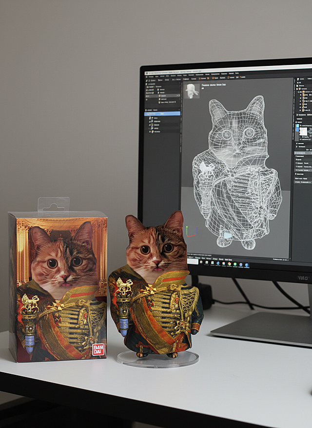 3D风拟人猫咪，金属质感盔甲，卡通可爱设计，屏幕展示模型细节。