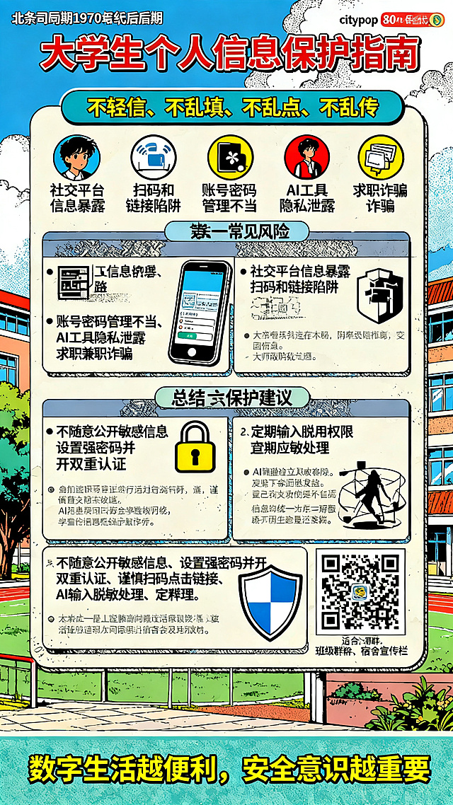 校园网络安全宣传信息图，主题为“大学生个人信息保护指南”。大标题为"大学生个人信息保护指南"，顶部核心观点标语："不轻信、不乱填、不乱点、不乱传"。内容分区展示：第一部分展示五类常见风险：社交平台信息暴露、扫码和链接陷阱、账号密码管理不当、AI工具隐私泄露、求职兼职诈骗，每个风险搭配对应图标。第二部分总结六条保护建议：不随意公开敏感信息、设置强密码并开双重认证、谨慎扫码点击链接、AI输入脱敏处理、定期检查应用权限、遇到问题及时求助，每个建议对应说明文字。添加手机、锁、盾牌、二维码等元素，背景是清新校园场景，底部配文字"数字生活越便利，安全意识越重要"。整体风格清晰醒目，适合在班级群、宿舍宣传栏张贴，citypop插画风格，配色明快。