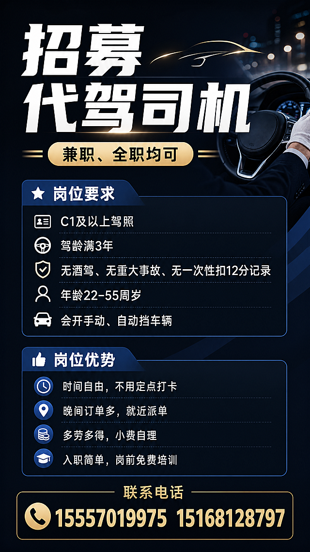 竖版招聘海报，主题为招募代驾司机，招聘文案：标题"招募代驾司机"，"兼职、全职均可"，要求：C1及以上驾照，驾龄满3年，无酒驾、无重大事故、无一次性扣12分记录，年龄22–55周岁，会开手动、自动挡车辆。时间自由，不用定点打卡，晚间订单多，就近派单，多劳多得，小费自理。入职简单，岗前免费培训。联系电话：15557019975 15168128797。商务简约风格，设计醒目清晰，文字层级分明，以深色为背景，突出白色招聘信息，手机竖屏尺寸。