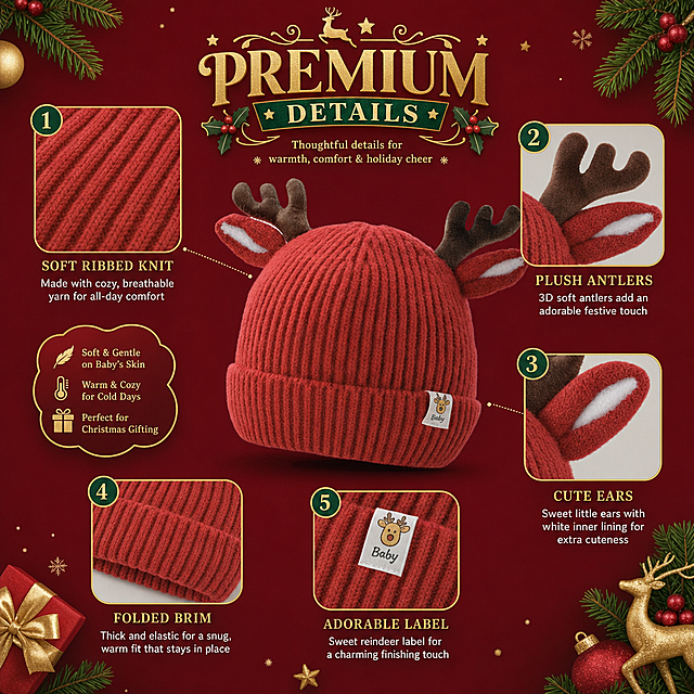 Amazon product detail close-up chart, Christmas holiday style, festive red green and gold theme, close-up details of kids reindeer knit hat: show soft ribbed knit fabric texture detail, plush brown antler detail, cute ear detail with white inner lining, folded brim detail, small reindeer label tag detail, decorated with Christmas style title "PREMIUM DETAILS" in festive decorative font, multiple detail callout boxes with short English descriptions, red green gold color scheme, clean background, professional e-commerce detail infographic, high clarity, 1:1 square composition