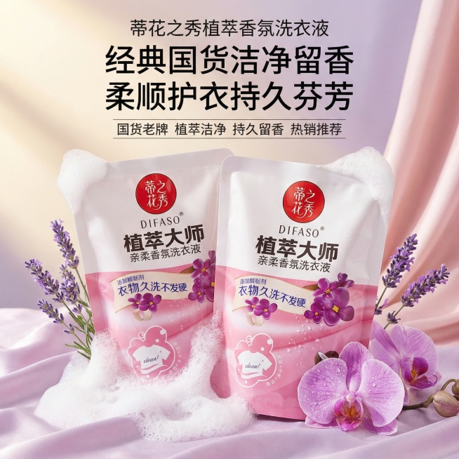 我是网店卖家，产品是我是网店卖家，产品是老品牌国货,蒂花之秀驰名商品袋装洗衣液，洗衣洁净，香味持久，根据你的经验帮我生成一个电商主图，提升一些洗衣液主体质感，切记不要出现网络违禁词,略微提升质感包装袋预览效果