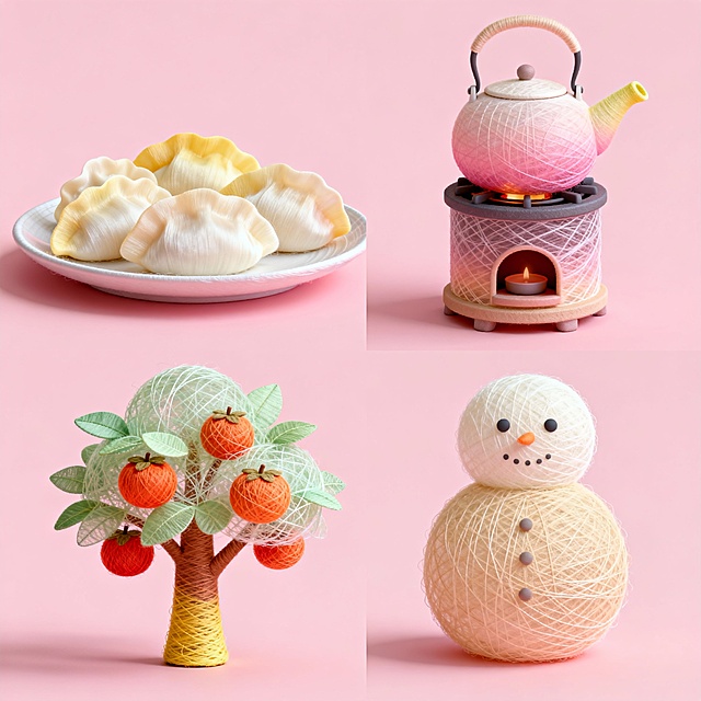 4个奶油配色的素材组合，上下两行，排列整齐。素材包括：一盘饺子、茶壶在炉子上、柿子树、雪人。粉色背景。