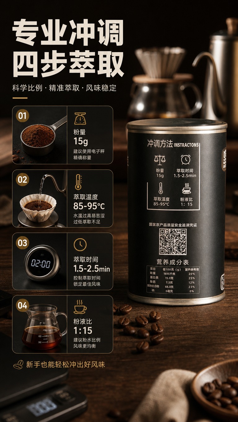 [商品] 使用【图3】黑柔咖啡黑金系列咖啡豆铁罐（冲调说明面）… - 图片创意预览