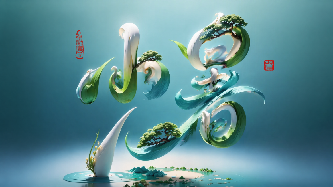 参考原图片的创意融合风格，将文字改为小暑，用卷曲的流体质感造型结合迎客松、青绿色植物元素设计，保留渐变青蓝色背景和中式印章点缀，整体是3D立体国潮风格预览效果